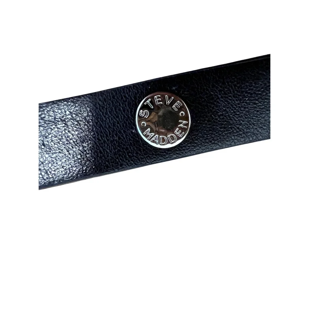 Steve Madden Womens Skinny Black Belt Silver D-Ring Buckle Logo Rivet 40 Inch